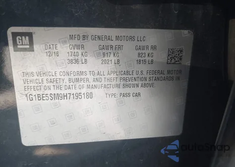 2017 Chevrolet Cruze Lt Auto из США, поврежденный, VIN 1G1BE5SM9H7195180